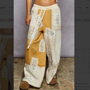 POL Patchwork Straight Leg Pants - Cream and Gold